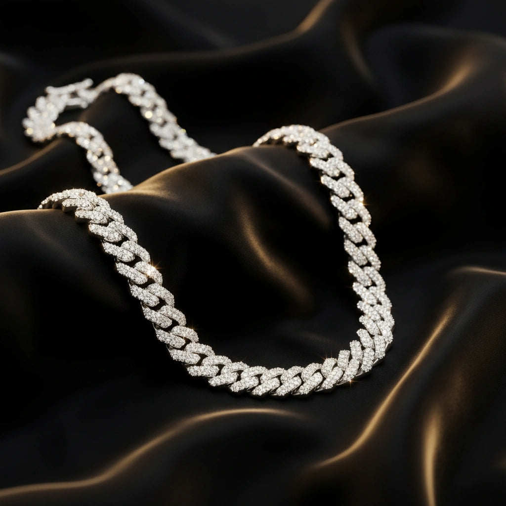 Silver Diamond Prong Link Chain Necklace - Cuban 14mm