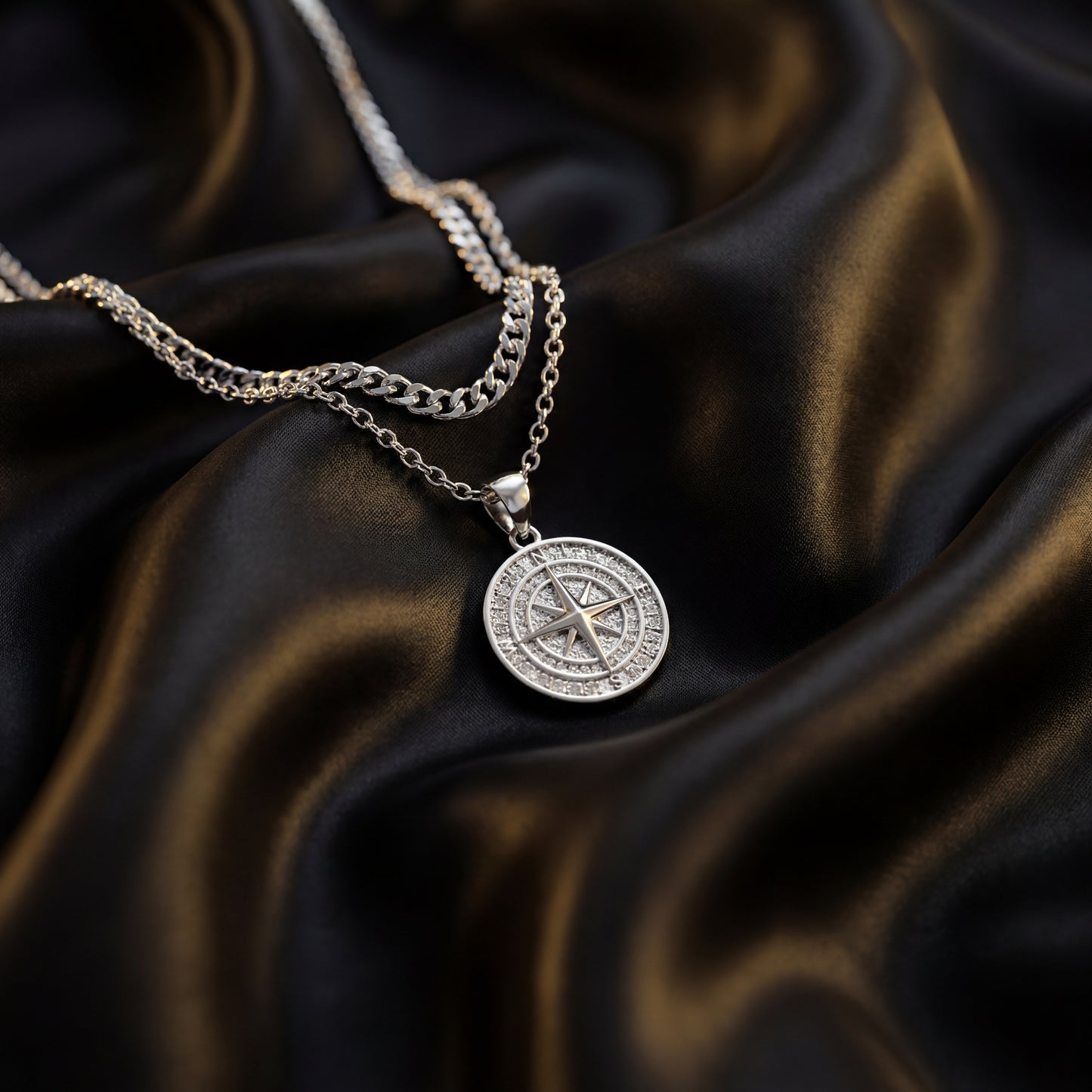 SILVER SET - COMPASS AND 5MM ROPE CHAIN NECKLACE