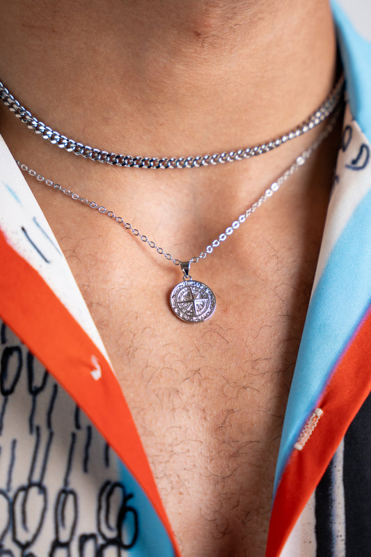 SILVER SET - COMPASS AND 5MM ROPE CHAIN NECKLACE