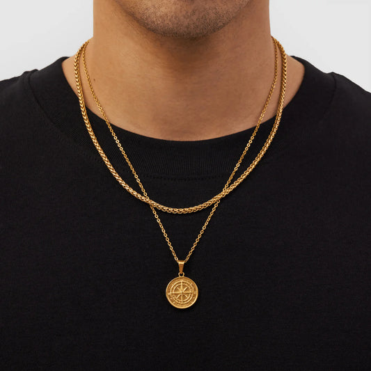 Gold Set - Compass and 5mm Rope Chain Necklace