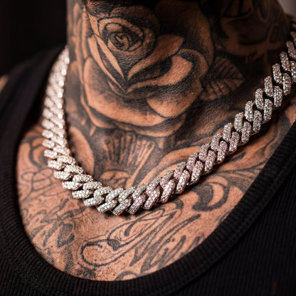 Silver Diamond Prong Link Chain Necklace - Cuban 14mm