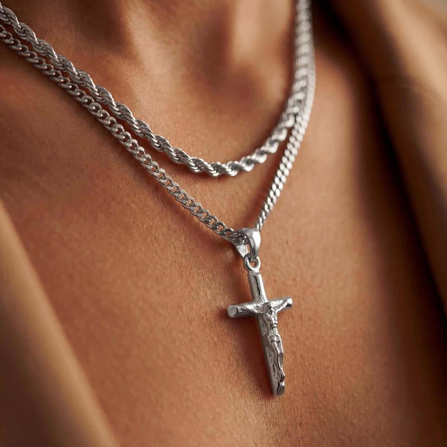 SILVER SET - CRUCIFIX AND 3MM ROPE CHAIN NECKLACE