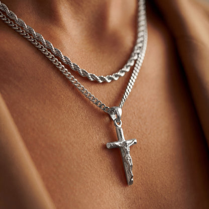 SILVER SET - CRUCIFIX AND 3MM ROPE CHAIN NECKLACE