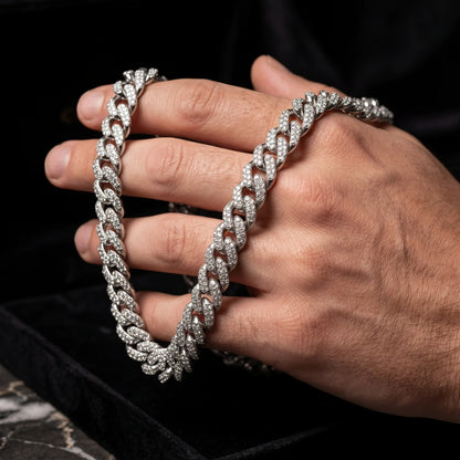 Silver Diamond Prong Link Chain Necklace - Cuban 14mm
