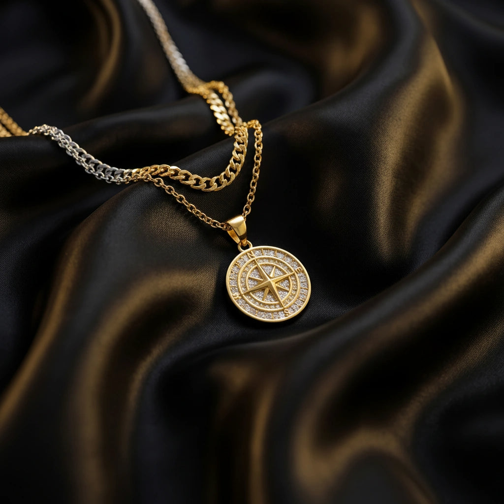 Gold Set - Compass and 5mm Rope Chain Necklace