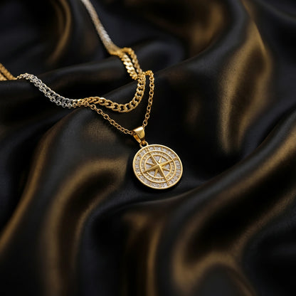 Gold Set - Compass and 5mm Rope Chain Necklace