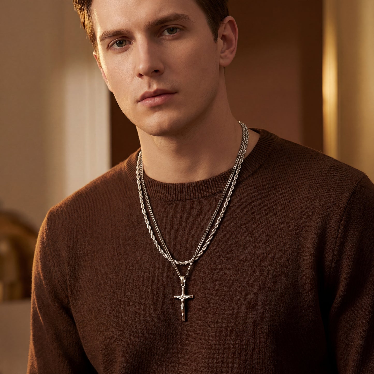 SILVER SET - CRUCIFIX AND 3MM ROPE CHAIN NECKLACE