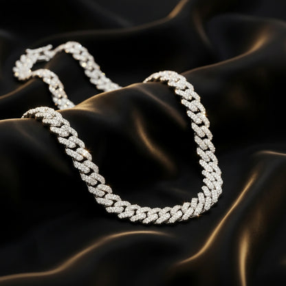 Silver Diamond Prong Link Chain Necklace - Cuban 14mm