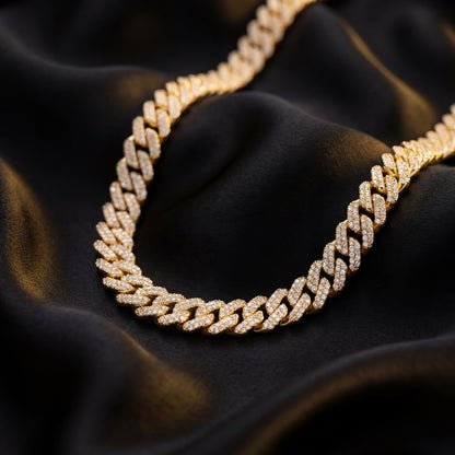 Gold Diamond Prong Link Chain Necklace - Cuban 14mm