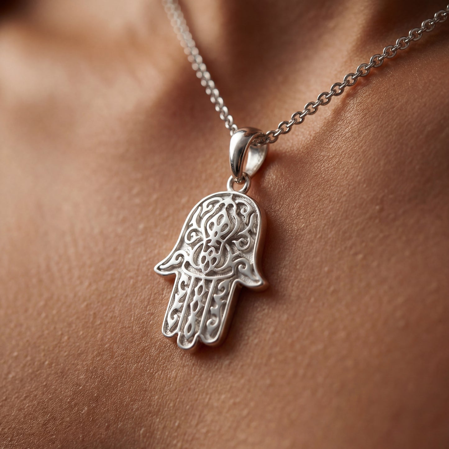 Silver Hamsa Hand Pendant Necklace