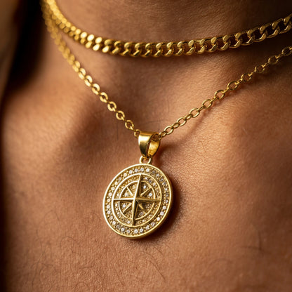 Gold Set - Compass and 5mm Rope Chain Necklace