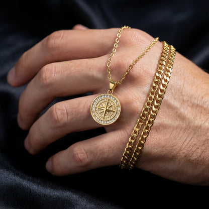 Gold Set - Compass and 5mm Rope Chain Necklace