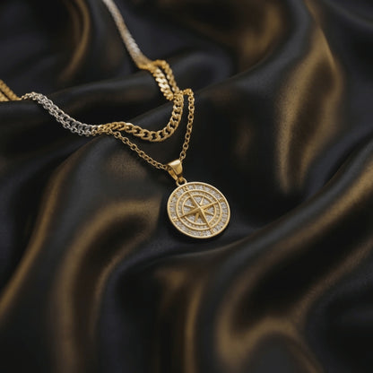 Gold Set - Compass and 5mm Rope Chain Necklace