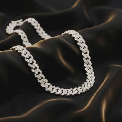 Silver Diamond Prong Link Chain Necklace - Cuban 14mm