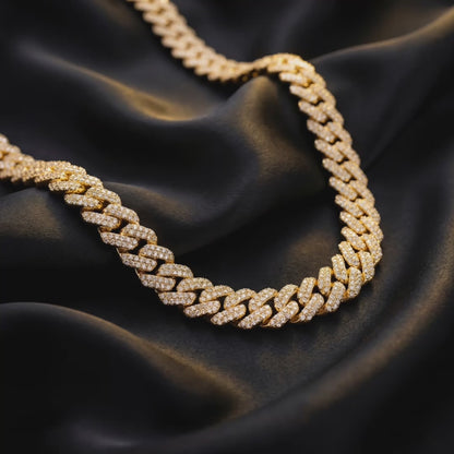 Gold Diamond Prong Link Chain Necklace - Cuban 14mm